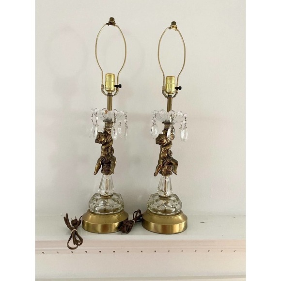 Vintage Pair of Cherubs Crystal and Brass Table Lamps with Teardrop Prisms - Picture 1 of 10